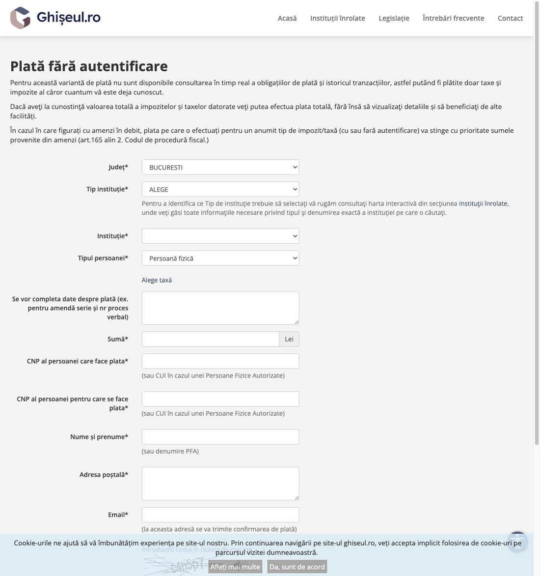 Alege „Plată fără autentificare" sau creează cont