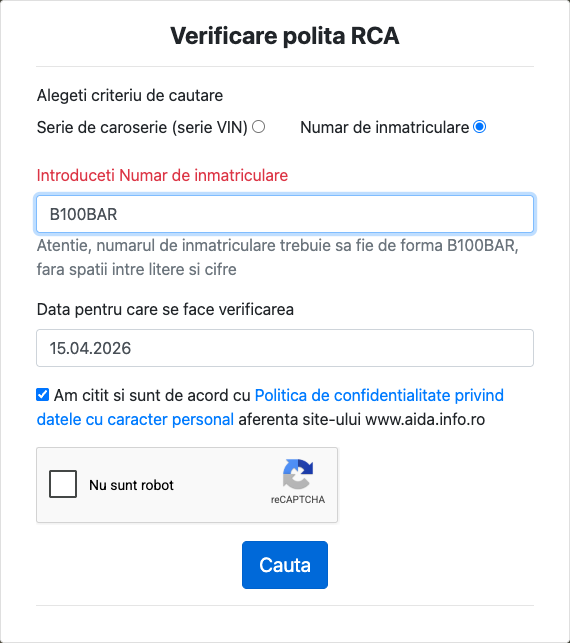 Bifează reCAPTCHA și apasă Cauta