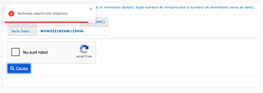 Bifează reCAPTCHA și apasă Cauta